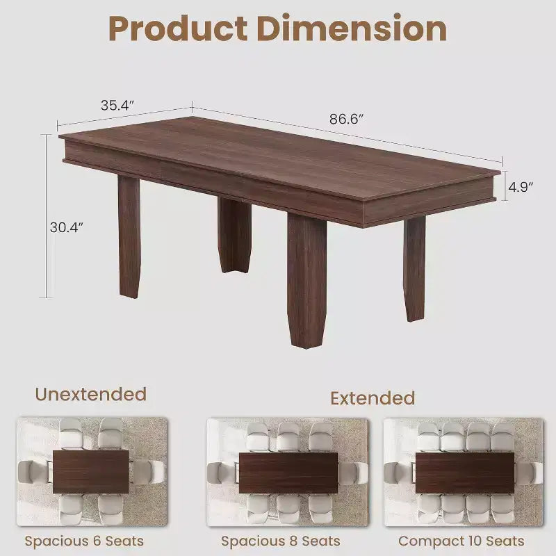 Extendable Dining Table for 6-10, Farmhouse Kitchen Table with Wood Frame, 63-86.6 Inch Rectangular Table for Dining Room