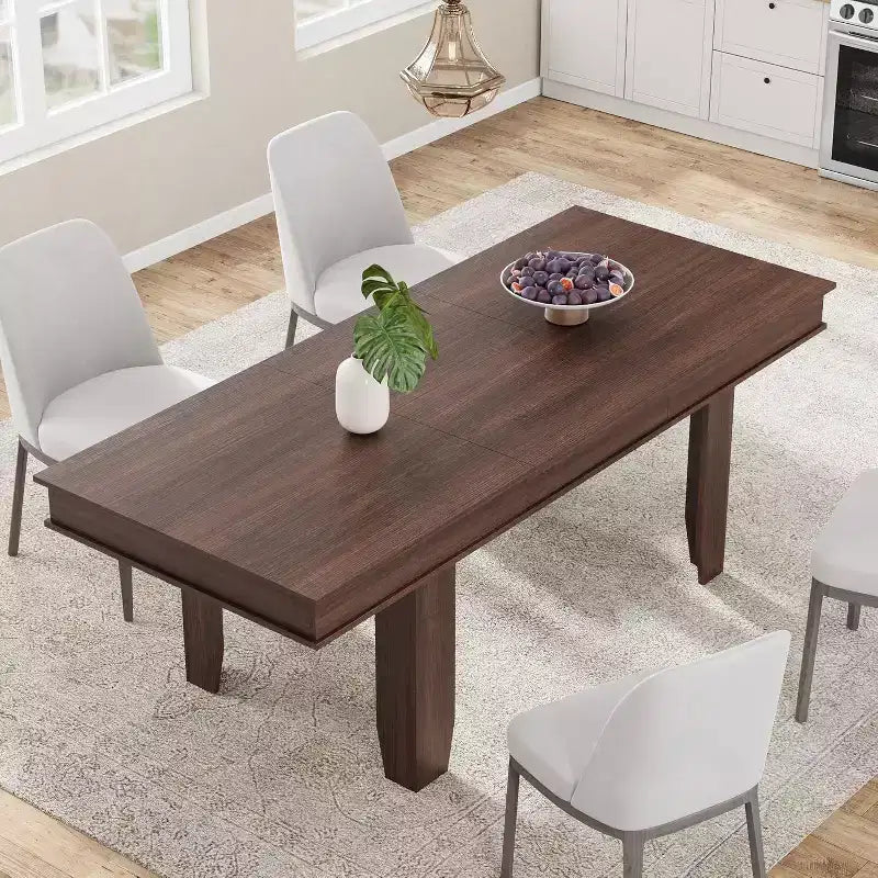 Extendable Dining Table for 6-10, Farmhouse Kitchen Table with Wood Frame, 63-86.6 Inch Rectangular Table for Dining Room