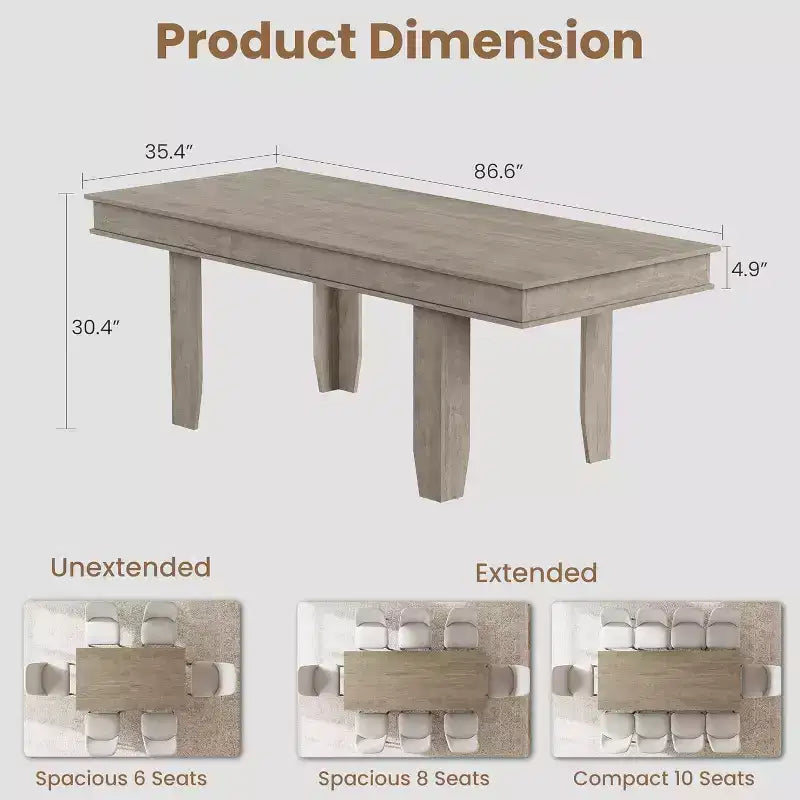 Extendable Dining Table for 6-10, Farmhouse Kitchen Table with Wood Frame, 63-86.6 Inch Rectangular Table for Dining Room