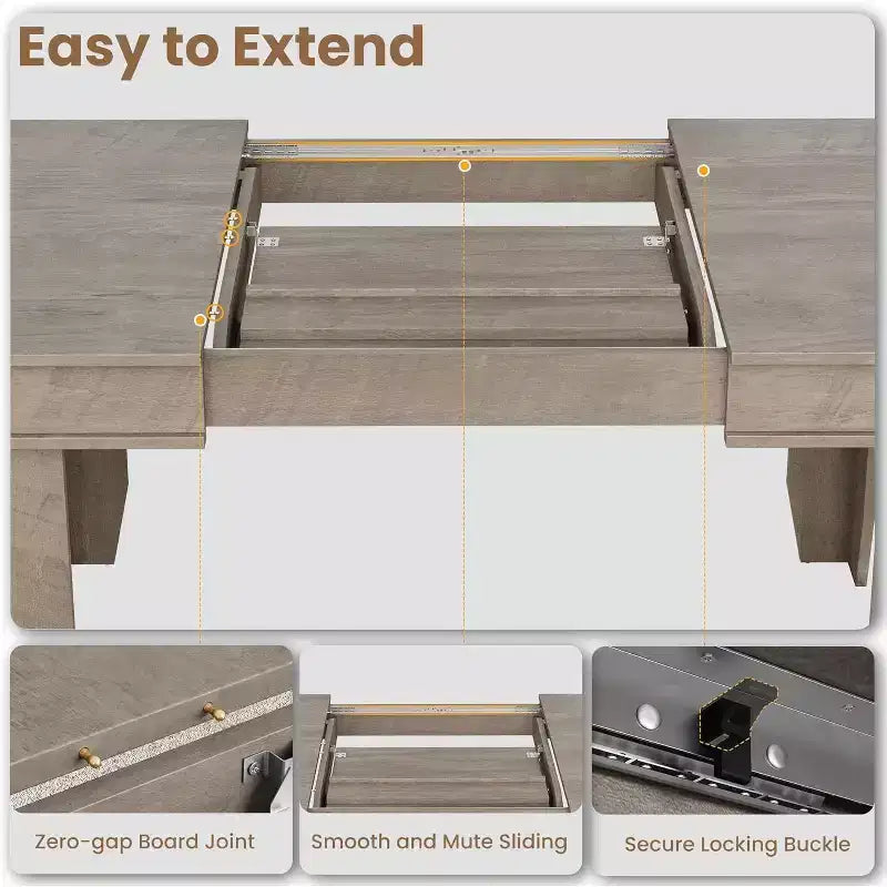 Extendable Dining Table for 6-10, Farmhouse Kitchen Table with Wood Frame, 63-86.6 Inch Rectangular Table for Dining Room