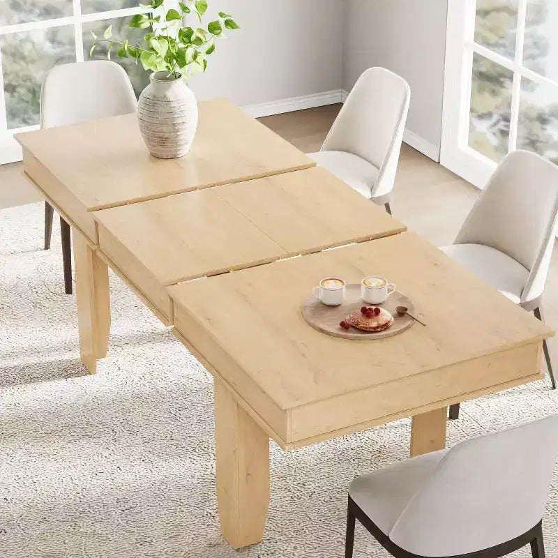 Extendable Dining Table for 6-10, Farmhouse Kitchen Table with Wood Frame, 63-86.6 Inch Rectangular Table for Dining Room