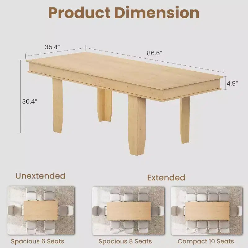 Extendable Dining Table for 6-10, Farmhouse Kitchen Table with Wood Frame, 63-86.6 Inch Rectangular Table for Dining Room