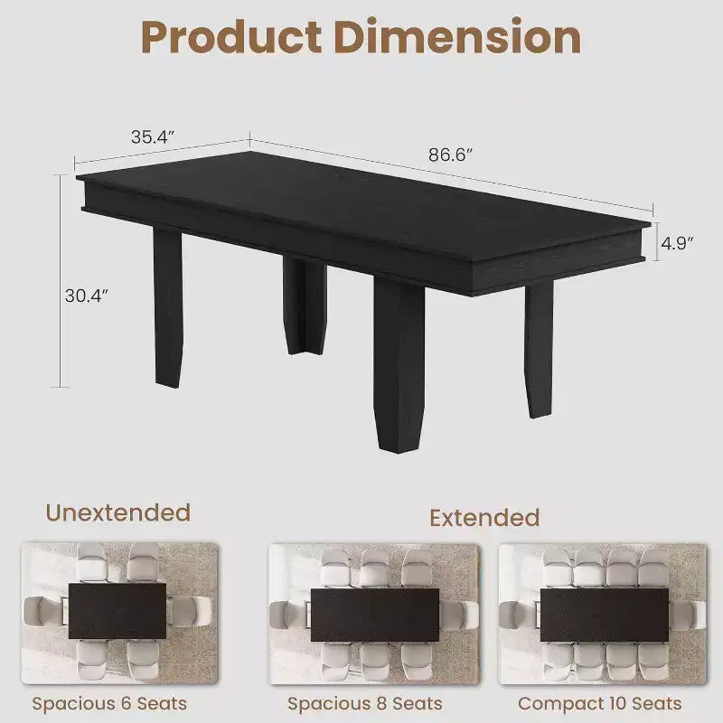 Extendable Dining Table for 6-10, Farmhouse Kitchen Table with Wood Frame, 63-86.6 Inch Rectangular Table for Dining Room