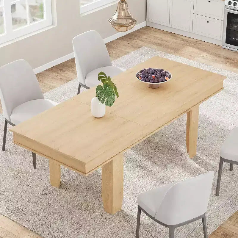 Extendable Dining Table for 6-10, Farmhouse Kitchen Table with Wood Frame, 63-86.6 Inch Rectangular Table for Dining Room