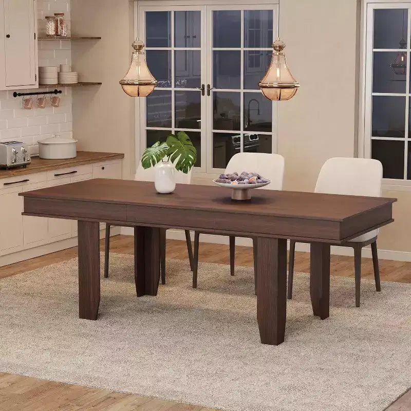 Extendable Dining Table for 6-10, Farmhouse Kitchen Table with Wood Frame, 63-86.6 Inch Rectangular Table for Dining Room