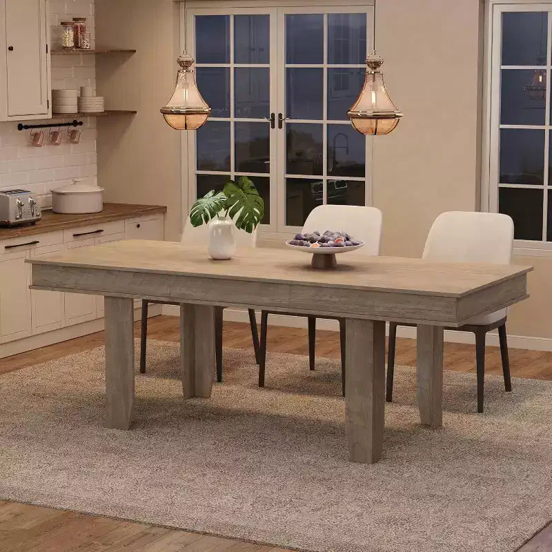 Extendable Dining Table for 6-10, Farmhouse Kitchen Table with Wood Frame, 63-86.6 Inch Rectangular Table for Dining Room