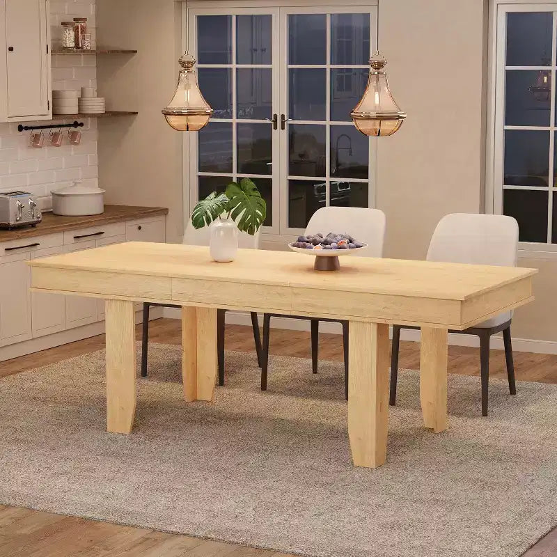 Extendable Dining Table for 6-10, Farmhouse Kitchen Table with Wood Frame, 63-86.6 Inch Rectangular Table for Dining Room