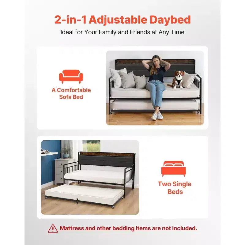 Twin Daybed with Trundle and Charging Station, Metal Frame with Storage Headboard, 880 lb Capacity