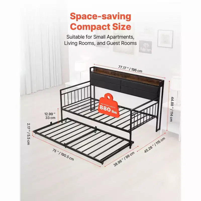 Twin Daybed with Trundle and Charging Station, Metal Frame with Storage Headboard, 880 lb Capacity