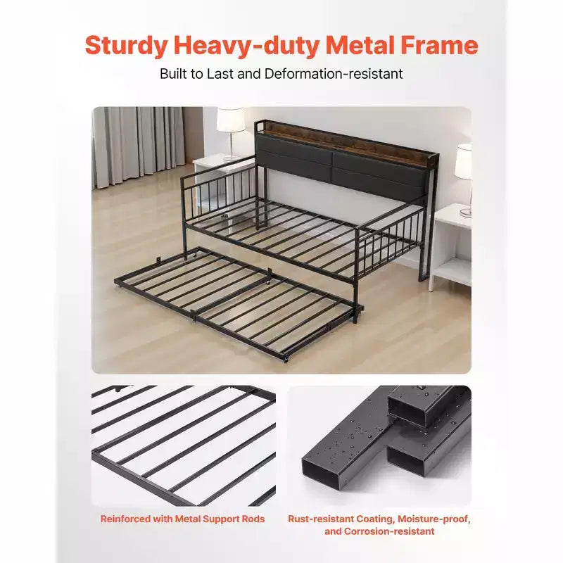 Twin Daybed with Trundle and Charging Station, Metal Frame with Storage Headboard, 880 lb Capacity
