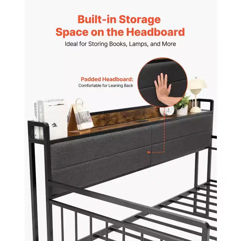 Twin Daybed with Trundle and Charging Station, Metal Frame with Storage Headboard, 880 lb Capacity