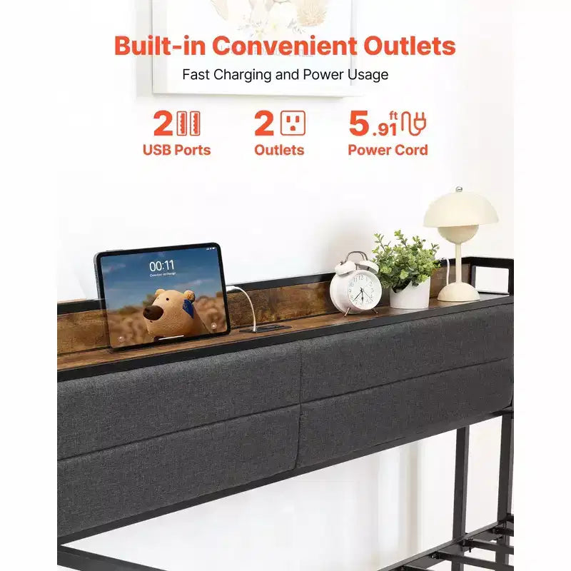 Twin Daybed with Trundle and Charging Station, Metal Frame with Storage Headboard, 880 lb Capacity