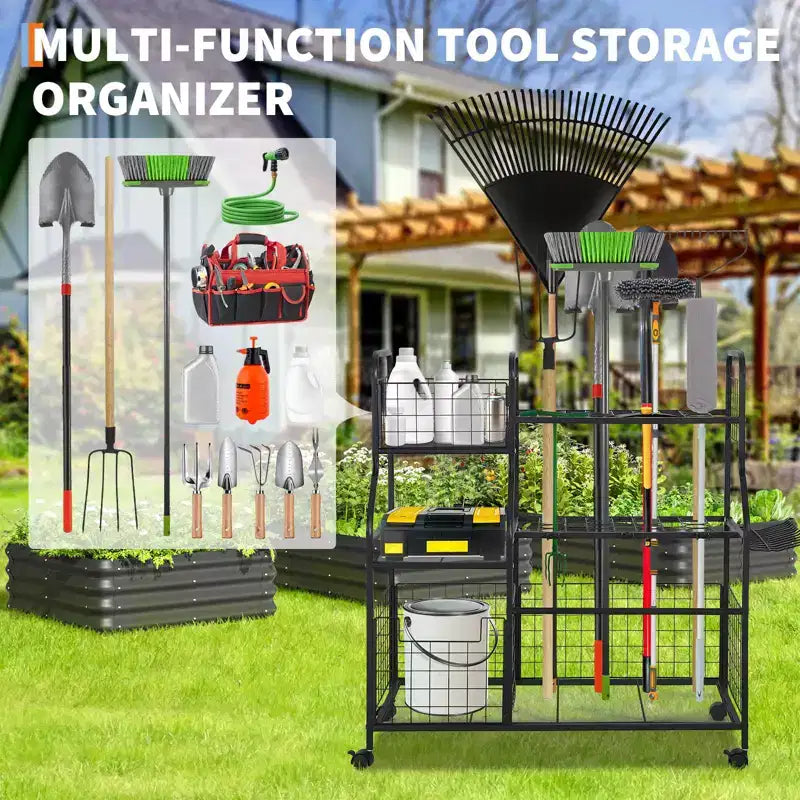 Tool Organizer With Wheels,3 Tier Yard Storage Rack with 6 Shelves & Basket,Freestanding Garage Tool Organizer for Yard Shed and Lawn
