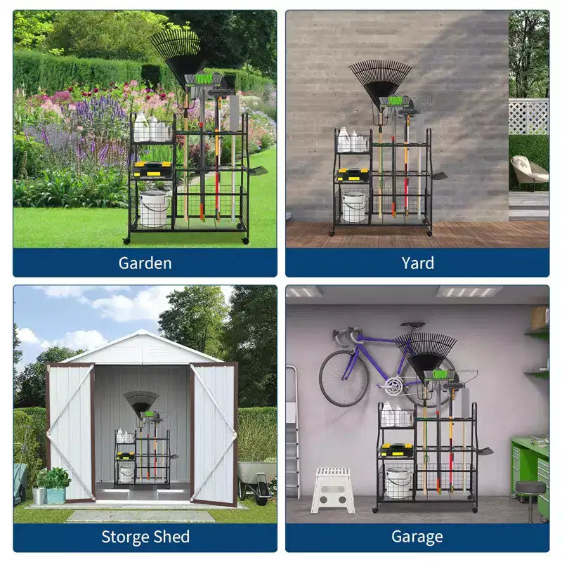 Tool Organizer With Wheels,3 Tier Yard Storage Rack with 6 Shelves & Basket,Freestanding Garage Tool Organizer for Yard Shed and Lawn