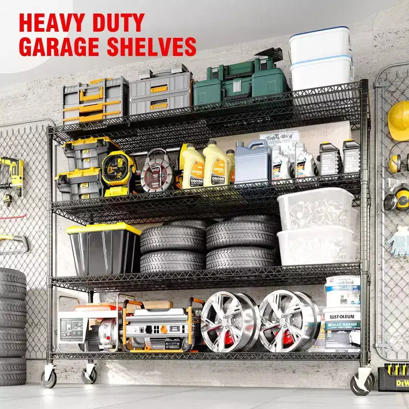 74H Heavy Duty Metal Shelving Unit, 4-Tier Industrial Wire Rack with Wheels, Adjustable Garage Storage