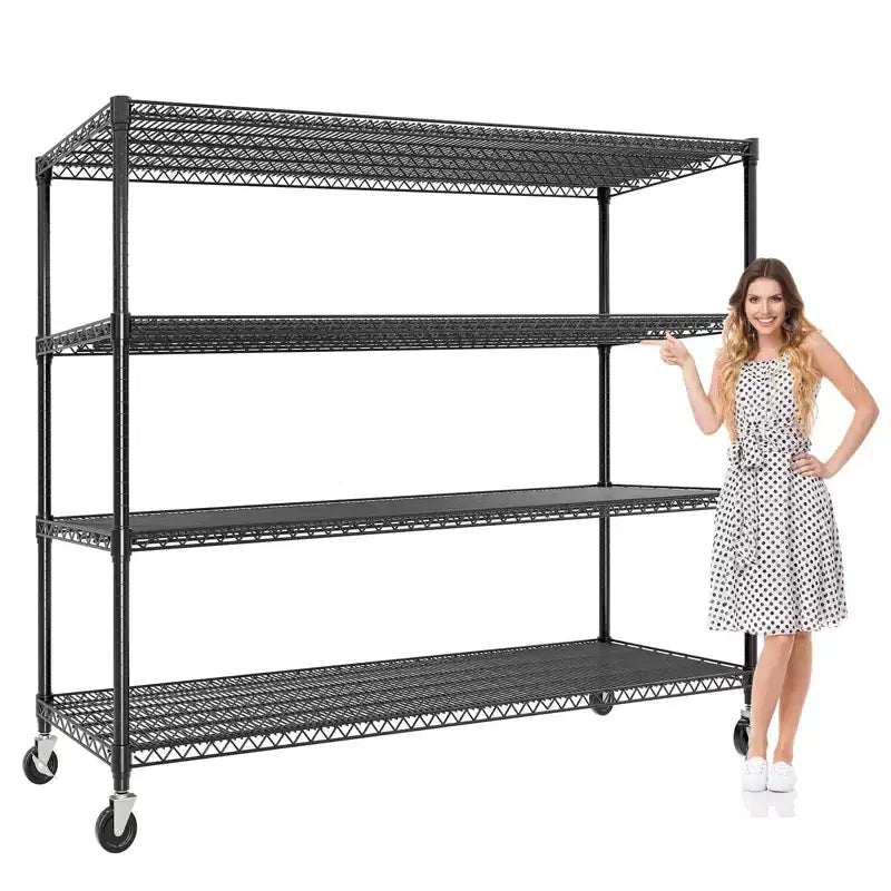 74H Heavy Duty Metal Shelving Unit, 4-Tier Industrial Wire Rack with Wheels, Adjustable Garage Storage