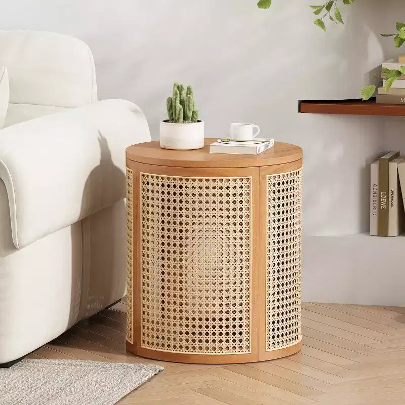 JVNOXK 17-inch Rubberwood Side Table, Modern Style ,with Natural Wood Grain Finish, Round Shape,Rubberwood, Made of MDF ,Natural Wood Color