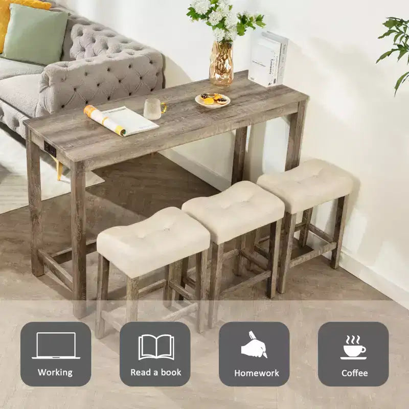sumyeg 4 Piece Bar Table Set with Power Outlet and 3 Padded Stools for Dining or Living Room