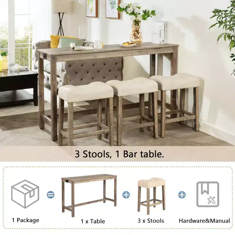 sumyeg 4 Piece Bar Table Set with Power Outlet and 3 Padded Stools for Dining or Living Room