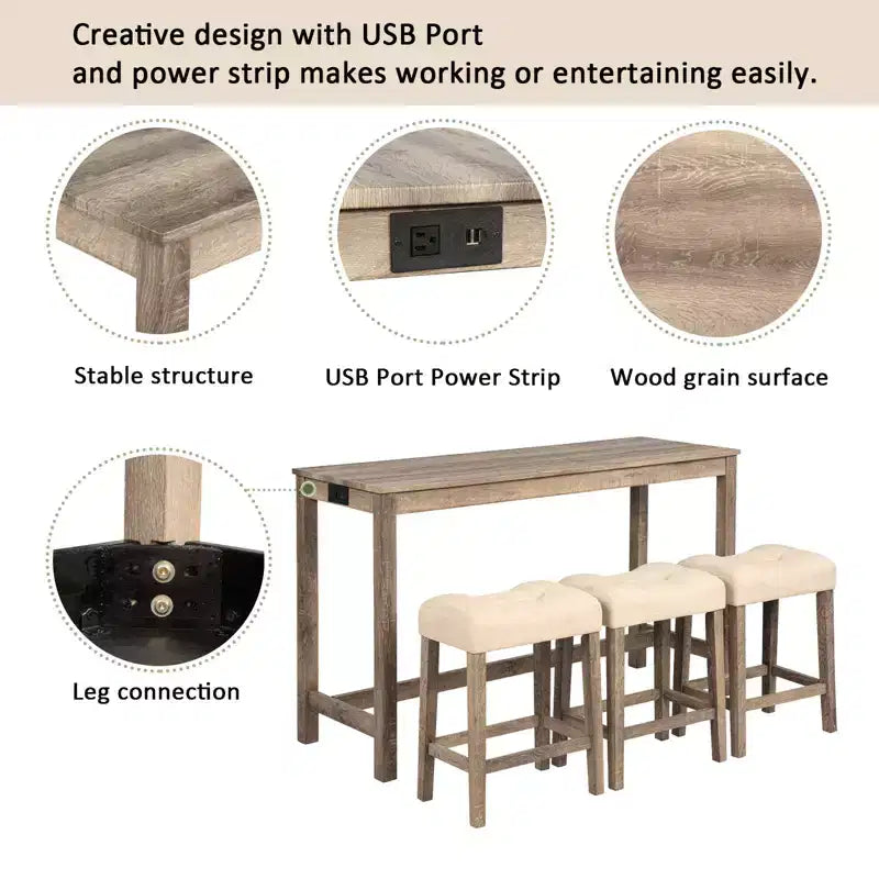 sumyeg 4 Piece Bar Table Set with Power Outlet and 3 Padded Stools for Dining or Living Room