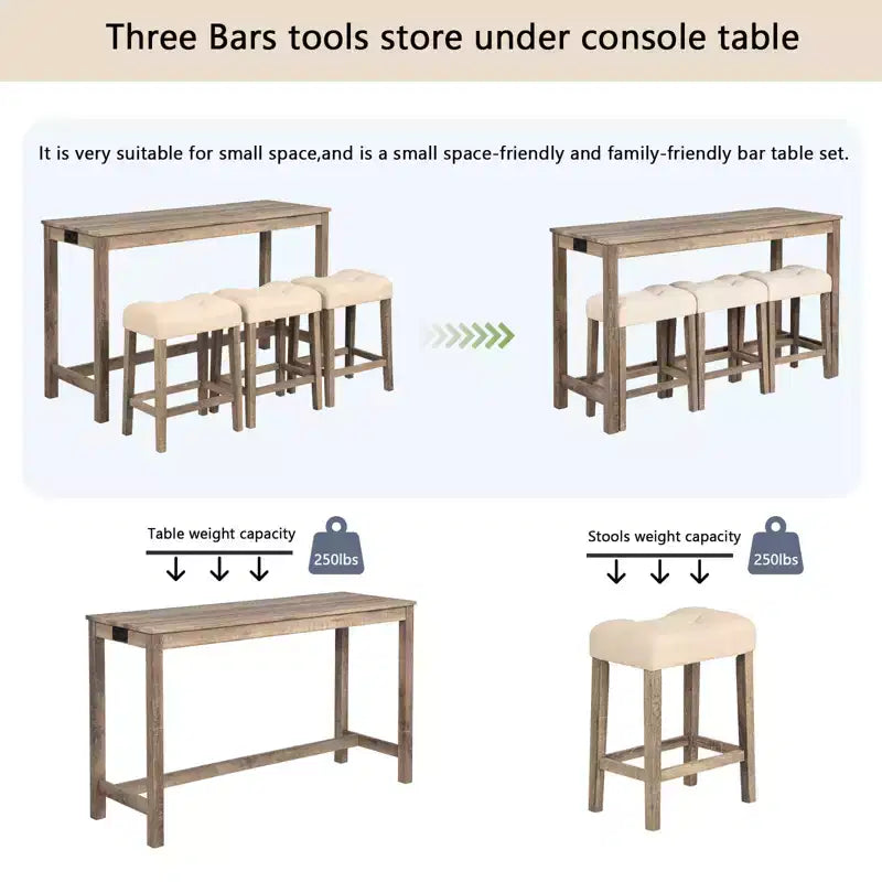 sumyeg 4 Piece Bar Table Set with Power Outlet and 3 Padded Stools for Dining or Living Room