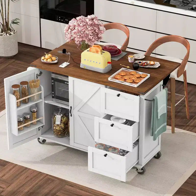 sumyeg 54.5 Rolling Kitchen Cart with Drop Leaf, Power Outlet, Spice Rack and Ample Storage