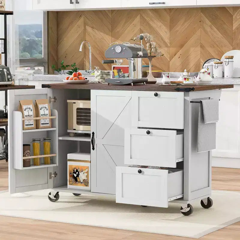 sumyeg 54.5 Rolling Kitchen Cart with Drop Leaf, Power Outlet, Spice Rack and Ample Storage