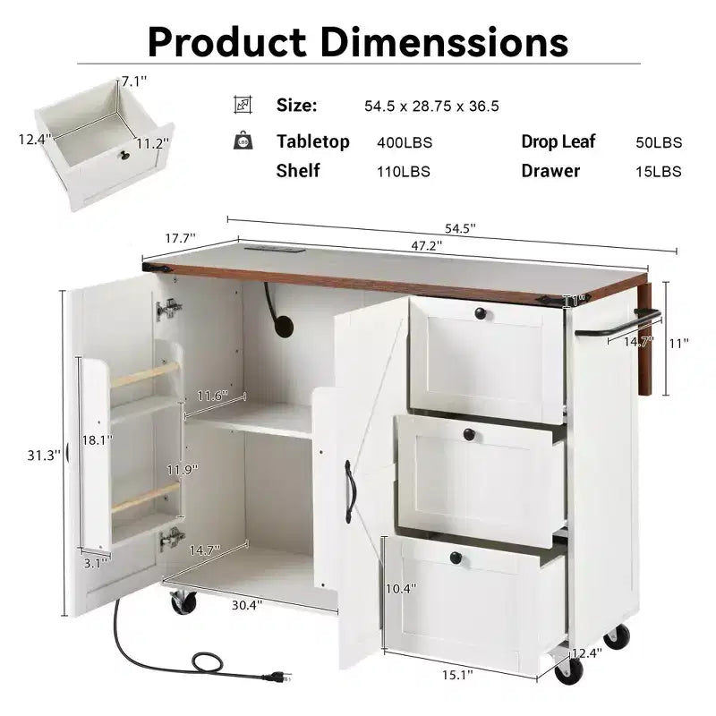 sumyeg 54.5 Rolling Kitchen Cart with Drop Leaf, Power Outlet, Spice Rack and Ample Storage