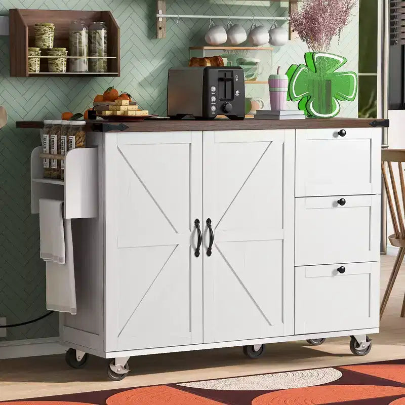 sumyeg 54.5 Rolling Kitchen Cart with Drop Leaf, Power Outlet, Spice Rack and Ample Storage