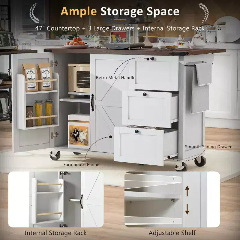 sumyeg 54.5 Rolling Kitchen Cart with Drop Leaf, Power Outlet, Spice Rack and Ample Storage