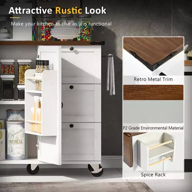 sumyeg 54.5 Rolling Kitchen Cart with Drop Leaf, Power Outlet, Spice Rack and Ample Storage