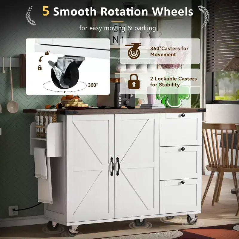 sumyeg 54.5 Rolling Kitchen Cart with Drop Leaf, Power Outlet, Spice Rack and Ample Storage