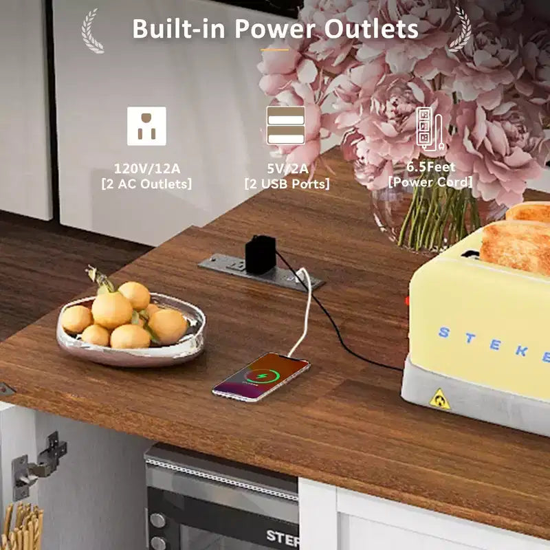sumyeg 54.5 Rolling Kitchen Cart with Drop Leaf, Power Outlet, Spice Rack and Ample Storage