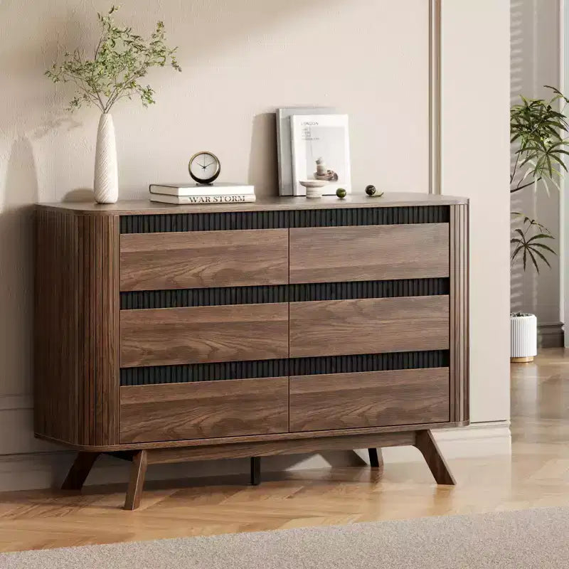 Modern Wood 6 Drawer Double Dresser Curved Roller Shutter Design Large Storage Chest of Drawers Bedroom Furniture Living Room Organizer