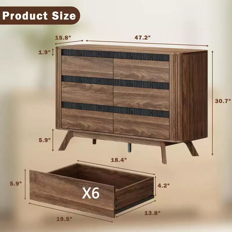 Modern Wood 6 Drawer Double Dresser Curved Roller Shutter Design Large Storage Chest of Drawers Bedroom Furniture Living Room Organizer