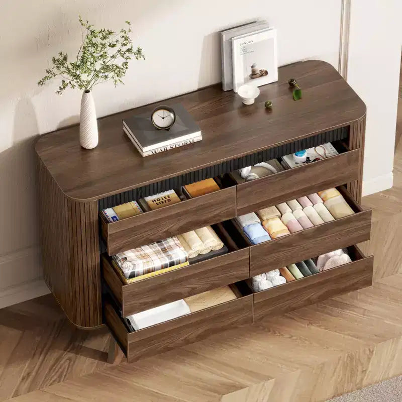Modern Wood 6 Drawer Double Dresser Curved Roller Shutter Design Large Storage Chest of Drawers Bedroom Furniture Living Room Organizer