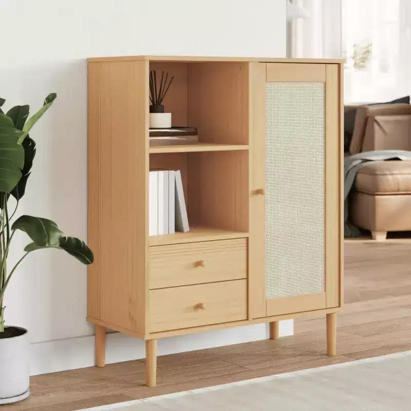 vidaXL SENJA Highboard Tall Storage Side Cabinets Rattan Look Solid Wood Pine