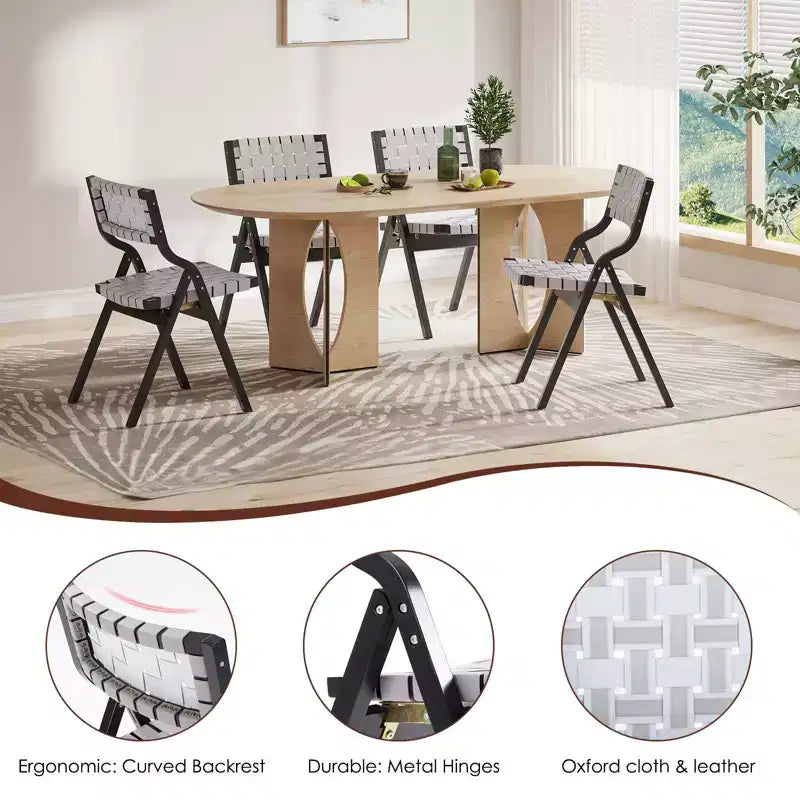 Okak Wooden Dining Chairs Set of 2, Folding Dining Chairs with Woven Seat and Webbing Back, Stackable Dining Chairs for Dining Room