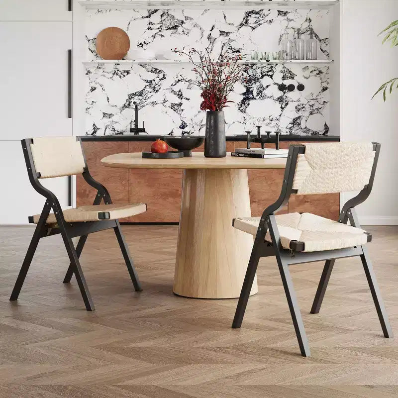 Okak Wooden Dining Chairs Set of 2, Folding Dining Chairs with Woven Seat and Webbing Back, Stackable Dining Chairs for Dining Room