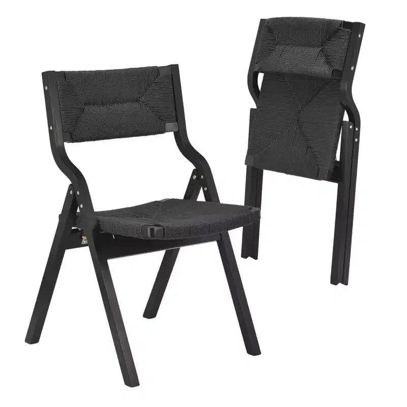 Okak Wooden Dining Chairs Set of 2, Folding Dining Chairs with Woven Seat and Webbing Back, Stackable Dining Chairs for Dining Room