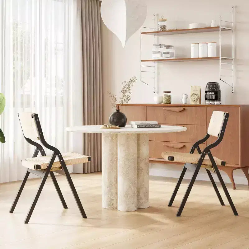 Okak Wooden Dining Chairs Set of 2, Folding Dining Chairs with Woven Seat and Webbing Back, Stackable Dining Chairs for Dining Room