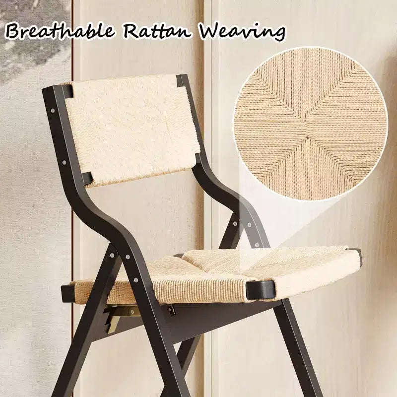 Okak Wooden Dining Chairs Set of 2, Folding Dining Chairs with Woven Seat and Webbing Back, Stackable Dining Chairs for Dining Room