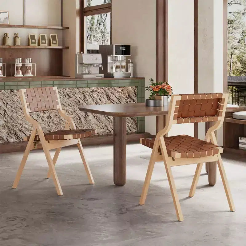 Okak Wooden Dining Chairs Set of 2, Folding Dining Chairs with Woven Seat and Webbing Back, Stackable Dining Chairs for Dining Room