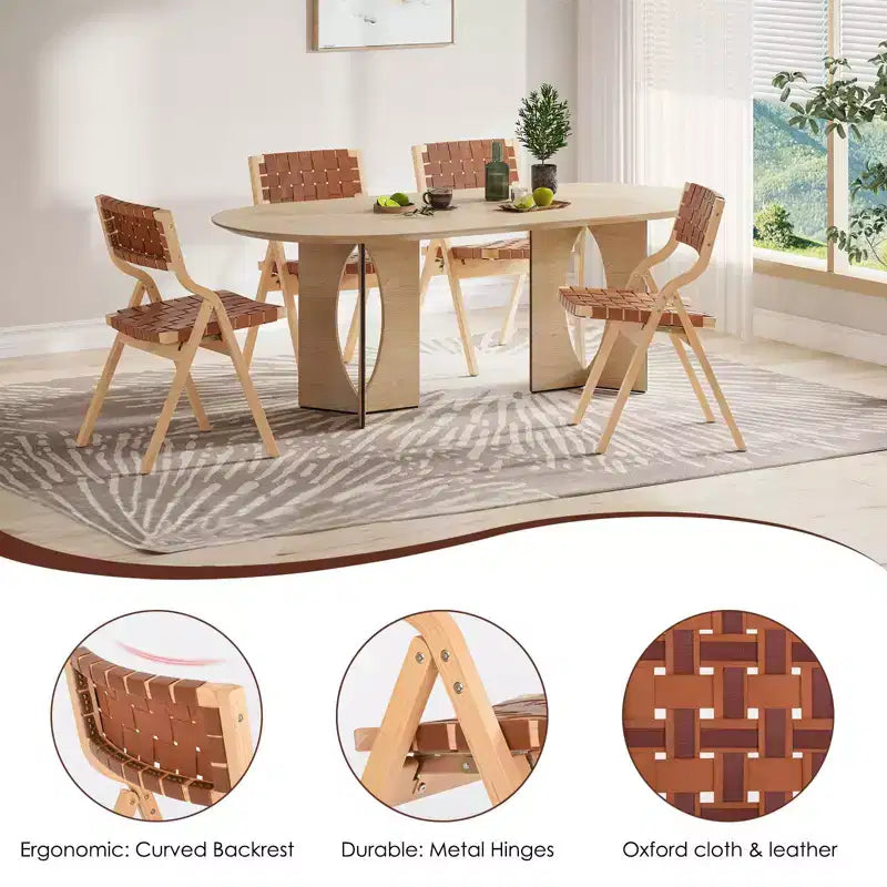 Okak Wooden Dining Chairs Set of 2, Folding Dining Chairs with Woven Seat and Webbing Back, Stackable Dining Chairs for Dining Room