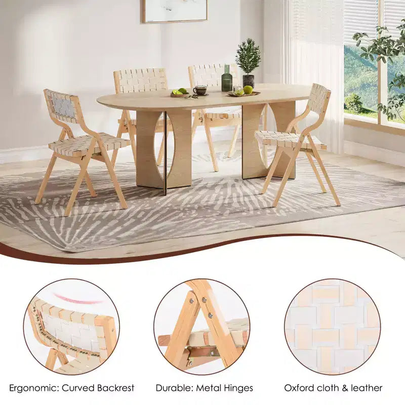 Okak Wooden Dining Chairs Set of 2, Folding Dining Chairs with Woven Seat and Webbing Back, Stackable Dining Chairs for Dining Room