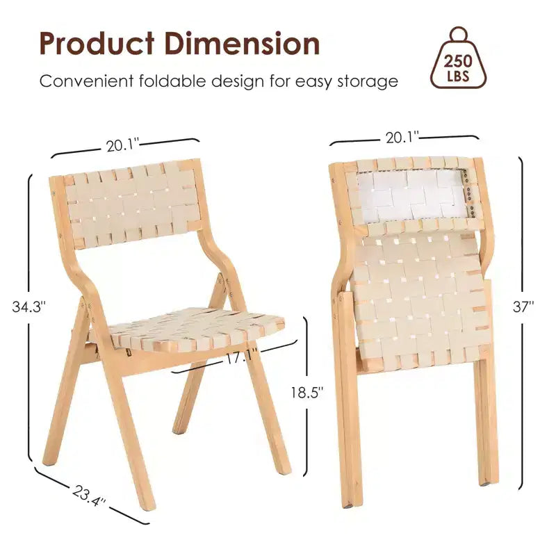 Okak Wooden Dining Chairs Set of 2, Folding Dining Chairs with Woven Seat and Webbing Back, Stackable Dining Chairs for Dining Room