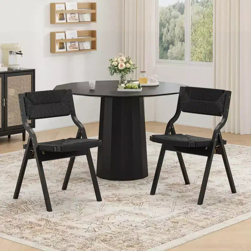 Okak Wooden Dining Chairs Set of 2, Folding Dining Chairs with Woven Seat and Webbing Back, Stackable Dining Chairs for Dining Room