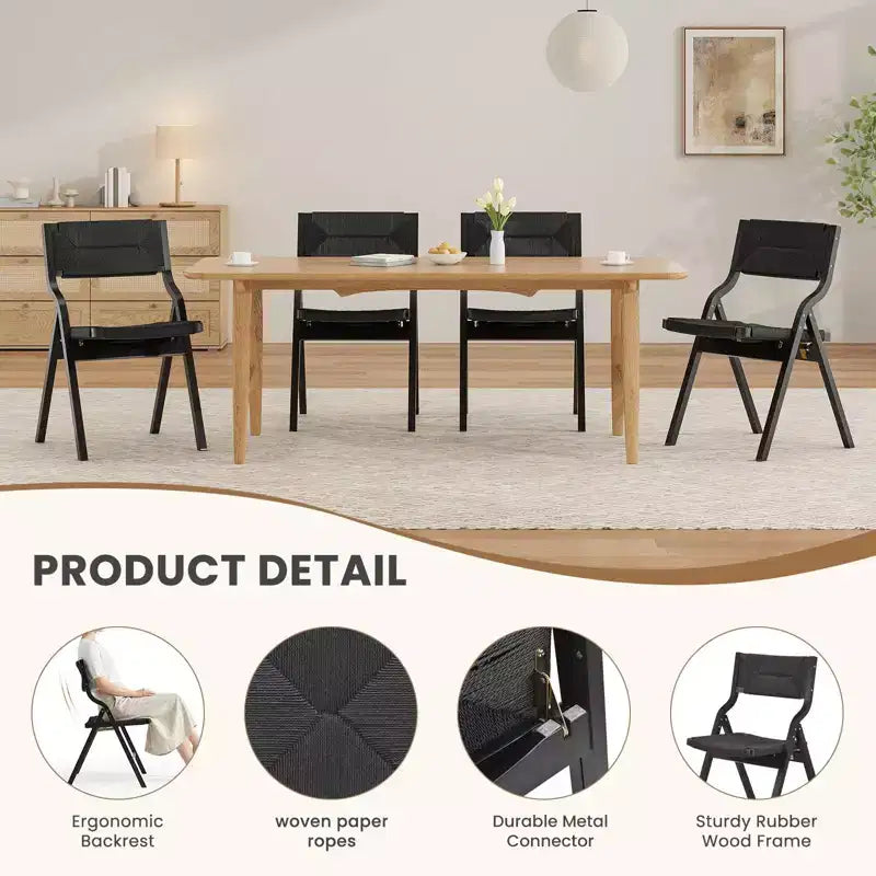 Okak Wooden Dining Chairs Set of 2, Folding Dining Chairs with Woven Seat and Webbing Back, Stackable Dining Chairs for Dining Room