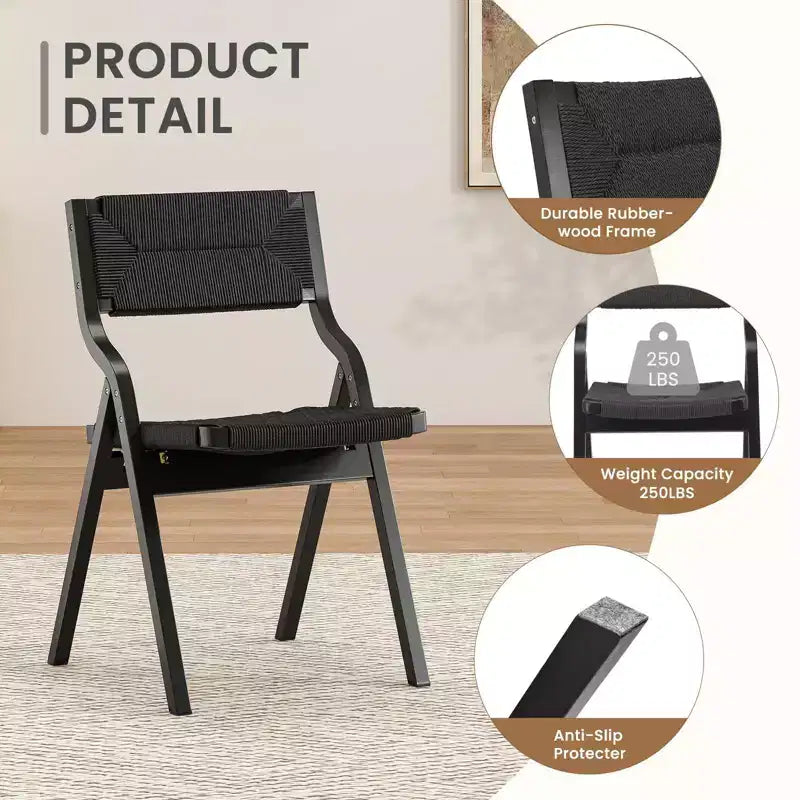 Okak Wooden Dining Chairs Set of 2, Folding Dining Chairs with Woven Seat and Webbing Back, Stackable Dining Chairs for Dining Room