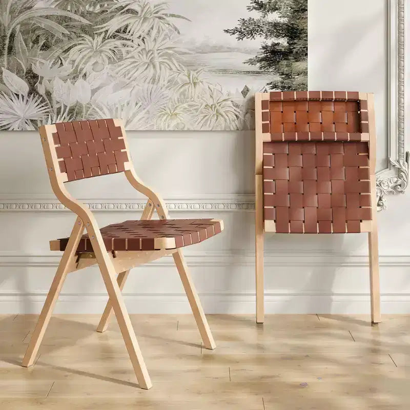 Lot de 2 chaises de salle à manger en bois Okak, chaises pliantes avec assise tressée et dossier en sangle, chaises de salle à manger empilables pour salle à manger